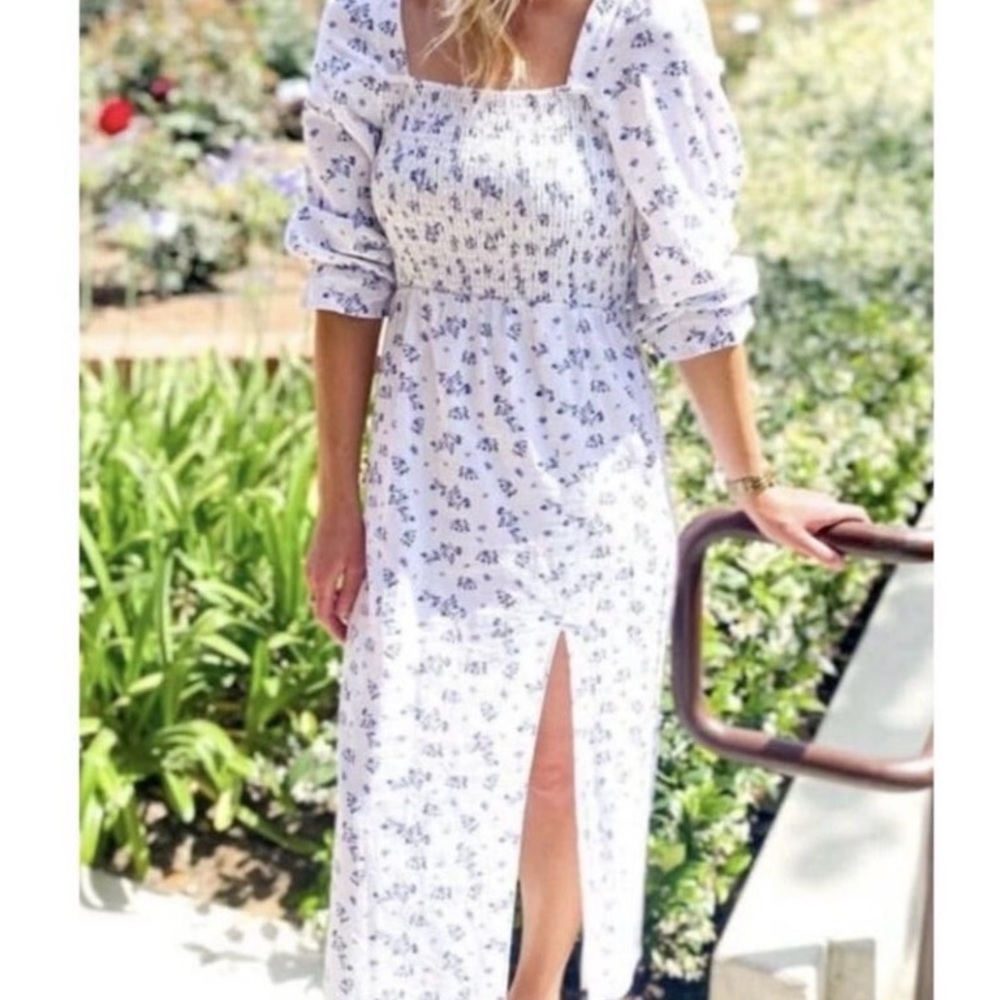 House of Harlow Dress Smocked White Floral Linen Midi Cottagecore Size XS - Picture 5 of 11